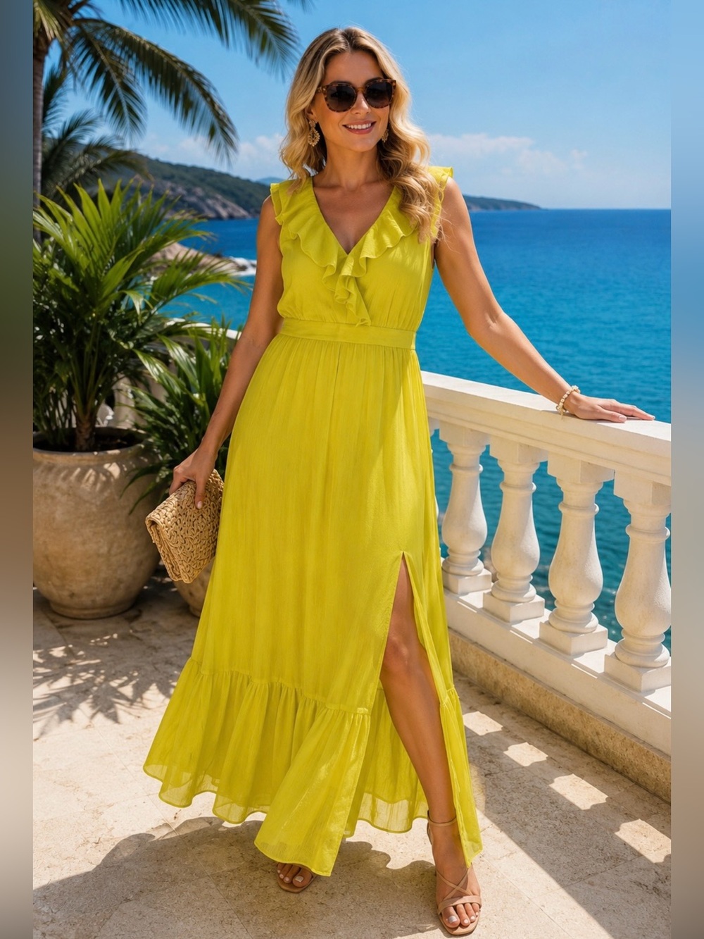 Taylor Chartreuse Yellow Maxi Dress Women S M Ruffle Empire Waist Cruise Resort